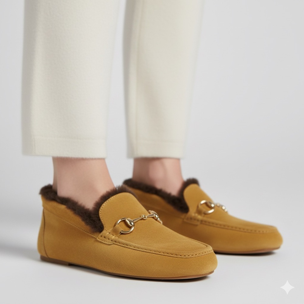 Gucci Mustard Yellow Suede Sheepskin Lined Slippers - 5, fits SMALL!